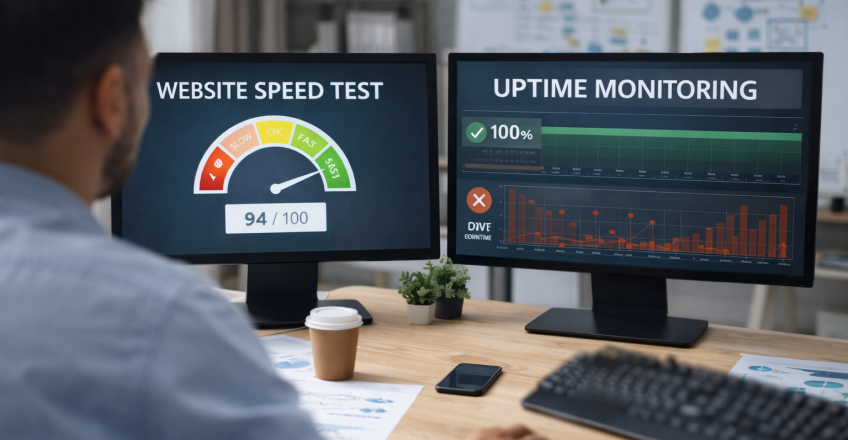 Робоче місце з двома моніторами для моніторингу стабільності та продуктивності сайту