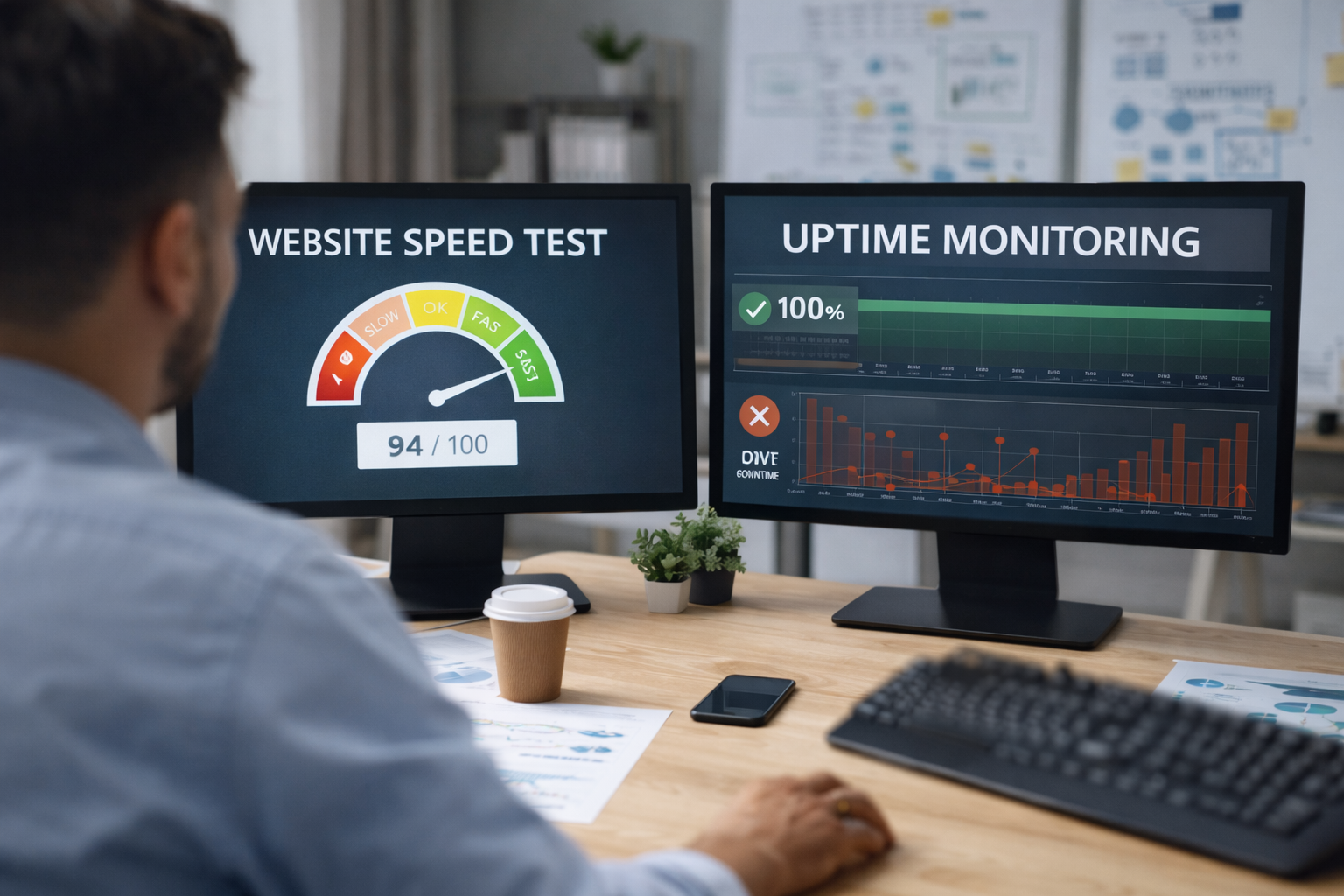 Робоче місце з двома моніторами для моніторингу стабільності та продуктивності сайту