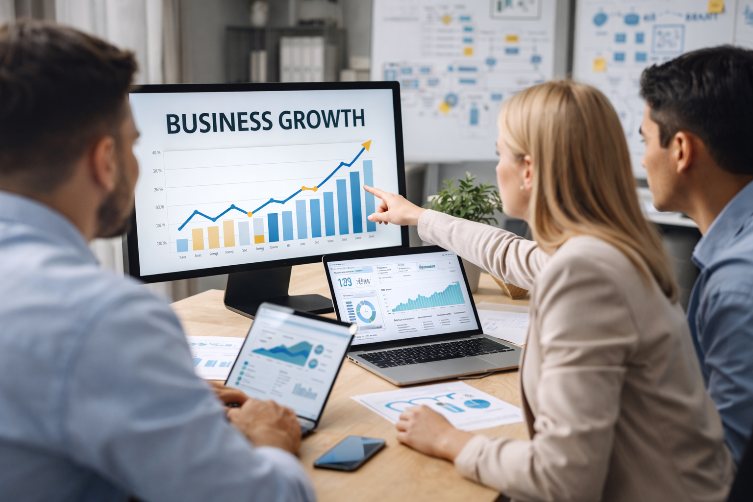 Команда бізнесу аналізує зростання та навантаження сайту в сучасному офісі