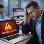 Власник бізнесу в офісі аналізує проблеми роботи сайту та потенційні технічні ризики для компанії