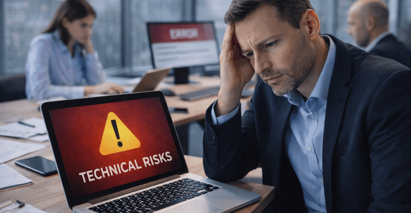 Власник бізнесу в офісі аналізує проблеми роботи сайту та потенційні технічні ризики для компанії