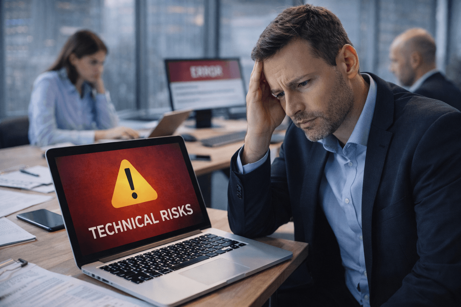 Власник бізнесу в офісі аналізує проблеми роботи сайту та потенційні технічні ризики для компанії