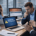 Команда бізнесу в офісі стикається з проблемами сайту — короткі збої хостингу та вплив на репутацію