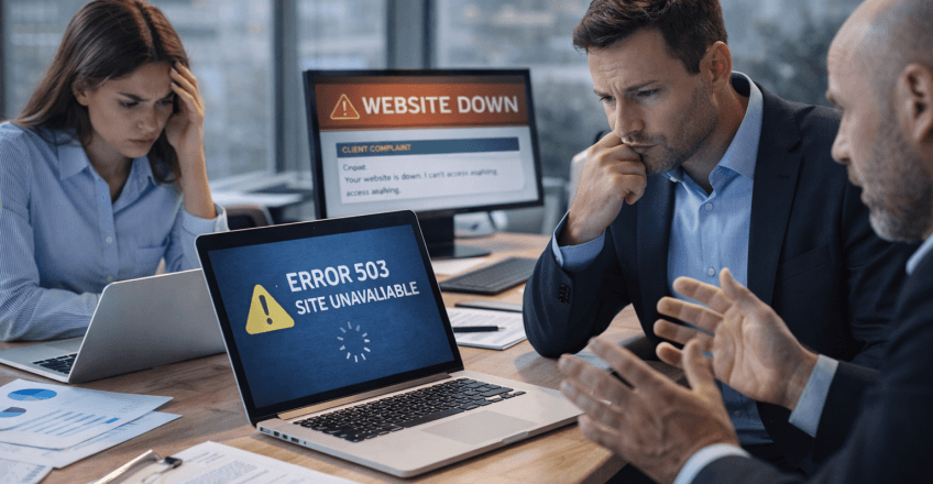 Команда бізнесу в офісі стикається з проблемами сайту — короткі збої хостингу та вплив на репутацію