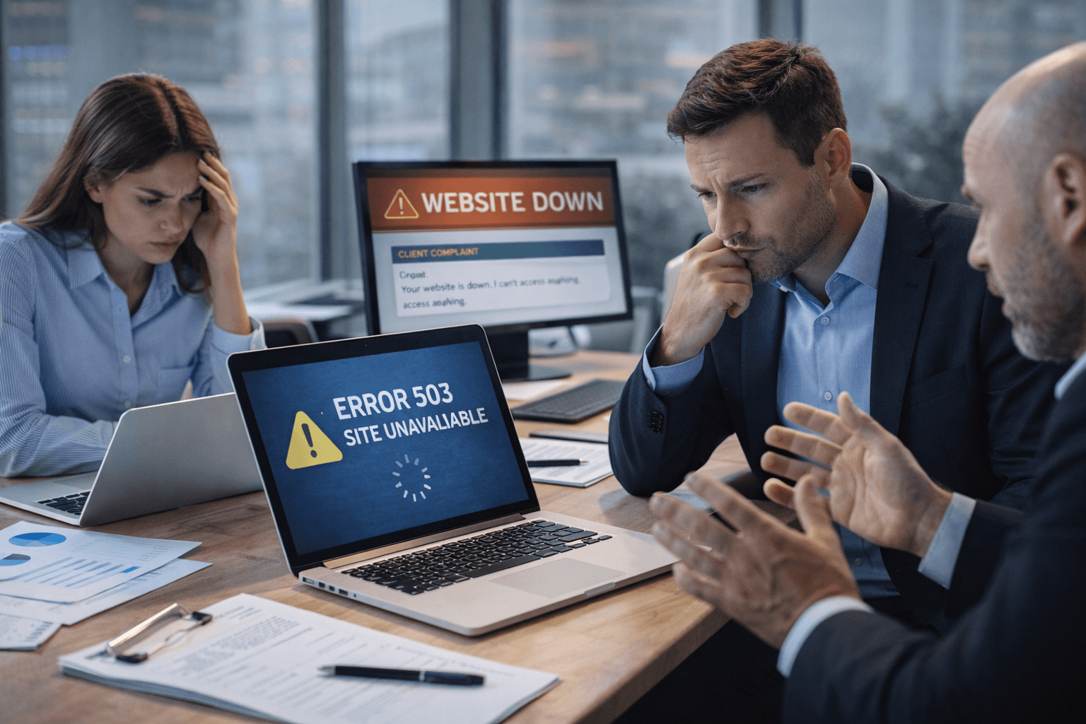 Команда бізнесу в офісі стикається з проблемами сайту — короткі збої хостингу та вплив на репутацію