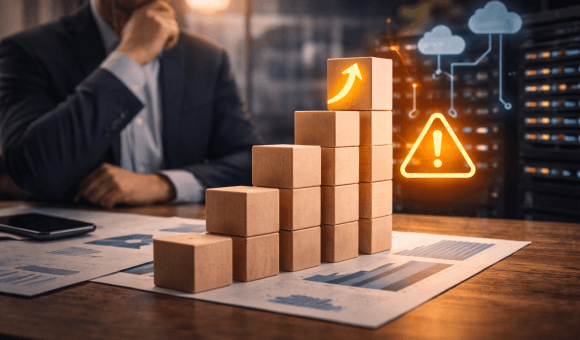 Власник бізнесу розмірковує над масштабуванням на фоні зростаючих показників і технічної інфраструктури, що символізує сумніви через можливі технічні ризики
