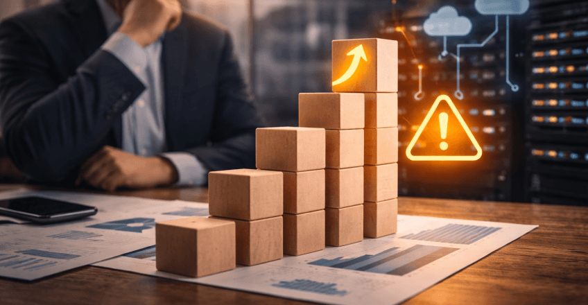 Власник бізнесу розмірковує над масштабуванням на фоні зростаючих показників і технічної інфраструктури, що символізує сумніви через можливі технічні ризики