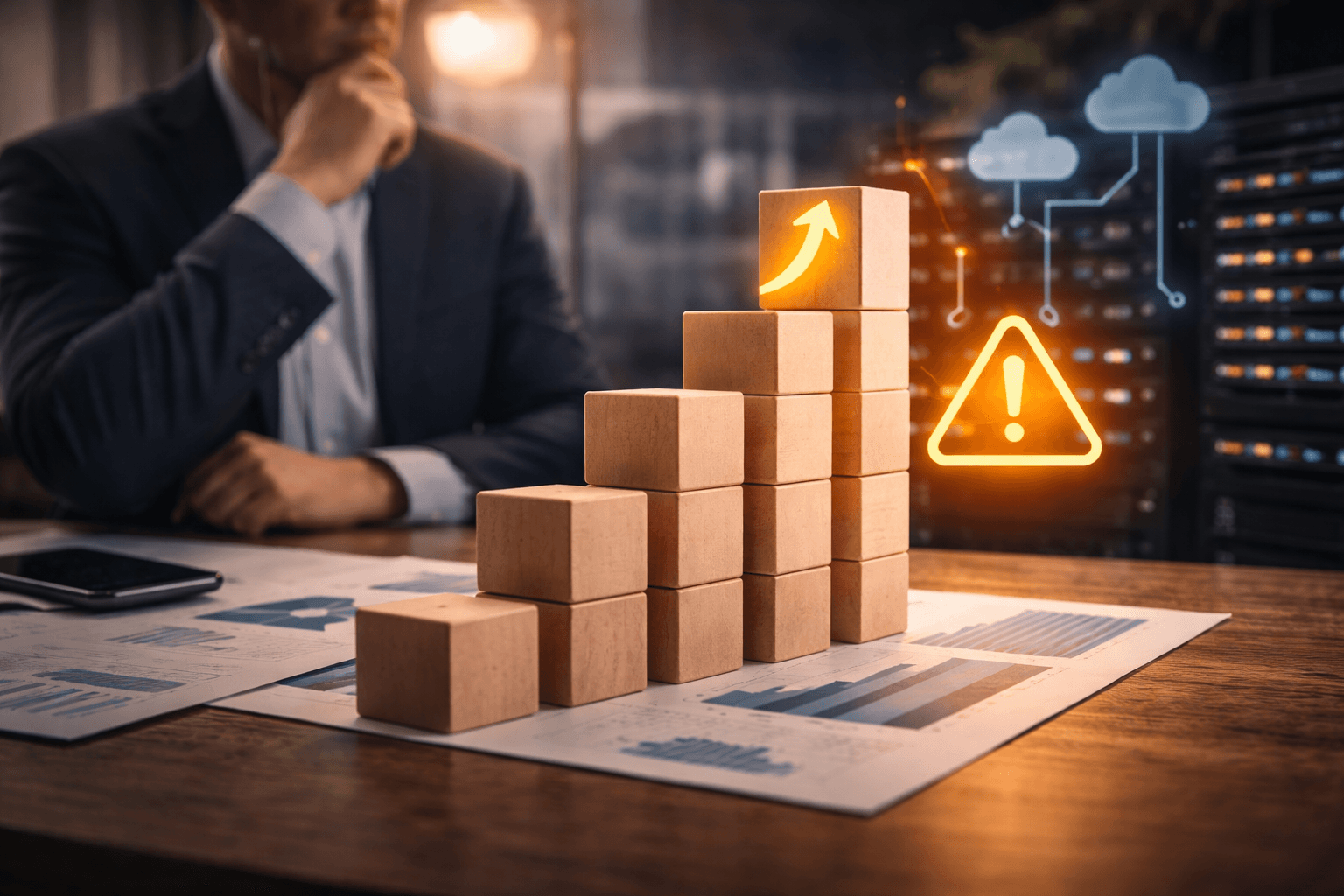 Власник бізнесу розмірковує над масштабуванням на фоні зростаючих показників і технічної інфраструктури, що символізує сумніви через можливі технічні ризики