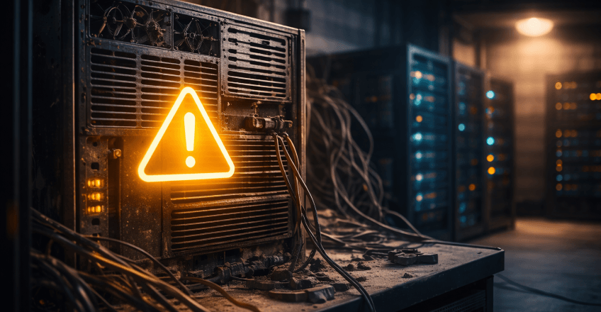 Застарілий сервер у дата-центрі як символ відкладених технічних рішень та прихованого ризику для бізнесу