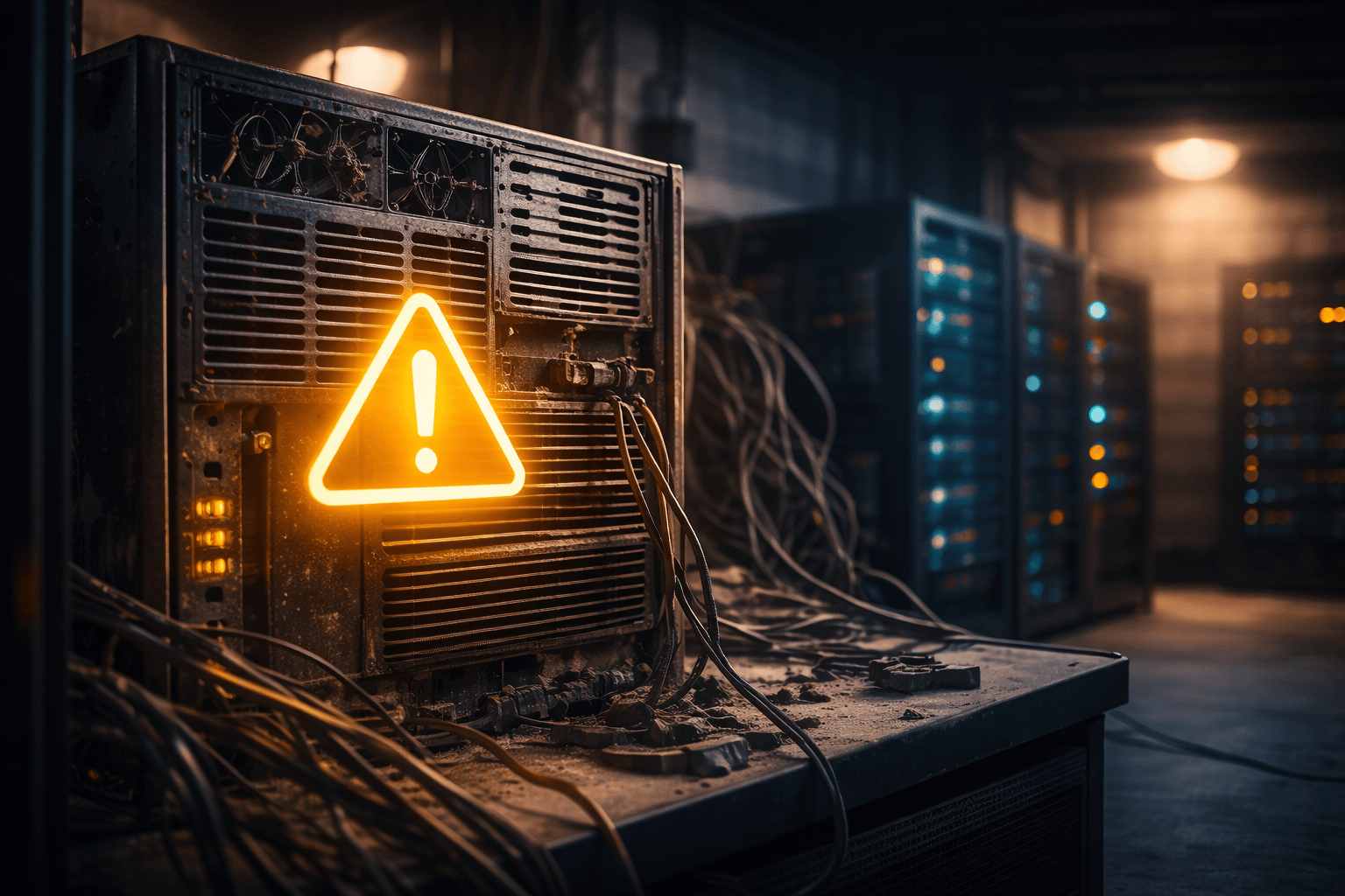 Застарілий сервер у дата-центрі як символ відкладених технічних рішень та прихованого ризику для бізнесу