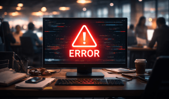 Монітор із повідомленням про помилку під час пікового навантаження як символ падіння сайту в критичний момент для бізнесу