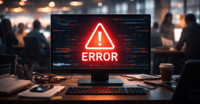 Монітор із повідомленням про помилку під час пікового навантаження як символ падіння сайту в критичний момент для бізнесу