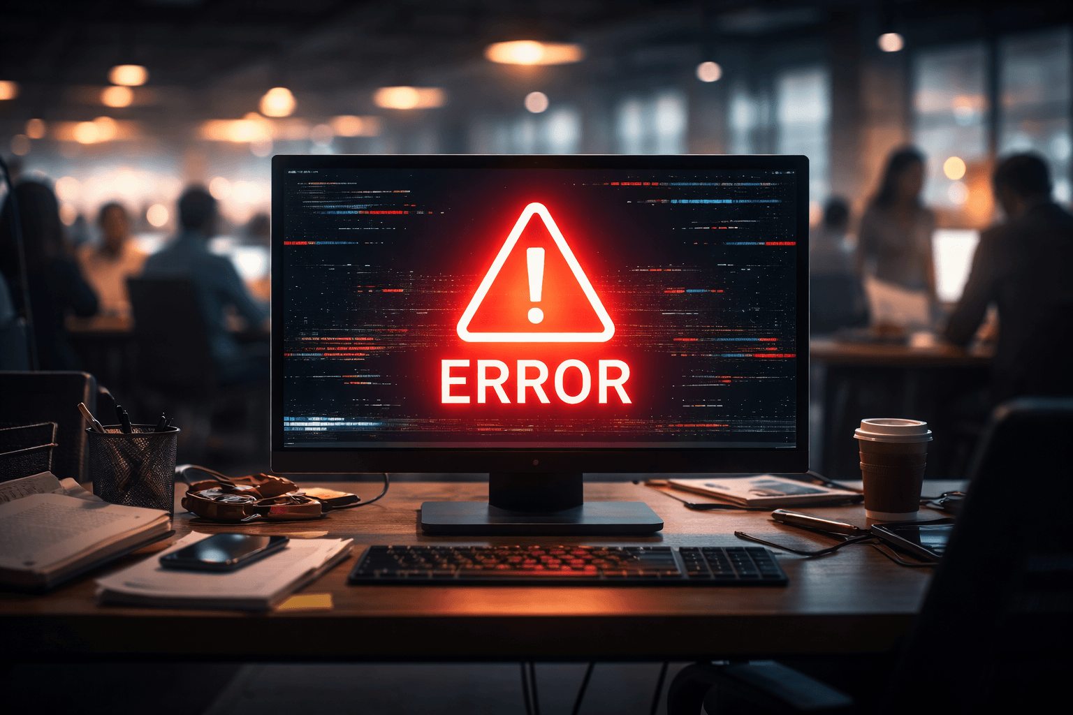 Монітор із повідомленням про помилку під час пікового навантаження як символ падіння сайту в критичний момент для бізнесу