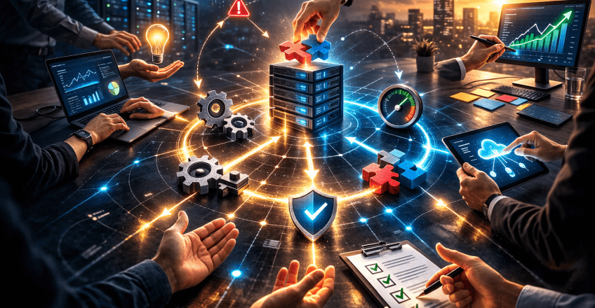 Концептуальна сцена з серверною інфраструктурою як символ відповідальності за стабільність сайту в бізнесі