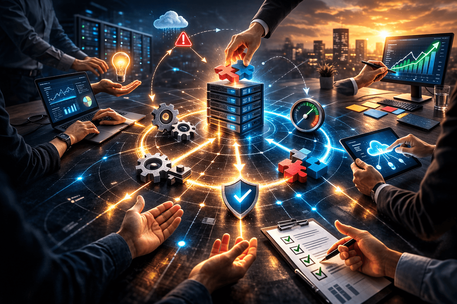 Концептуальна сцена з серверною інфраструктурою як символ відповідальності за стабільність сайту в бізнесі