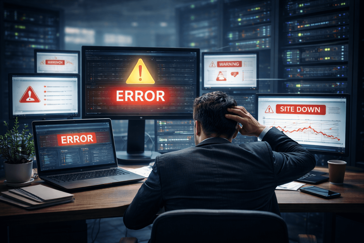 Керівник бізнесу змушений вирішувати технічні проблеми сайту перед моніторами з помилками серверів