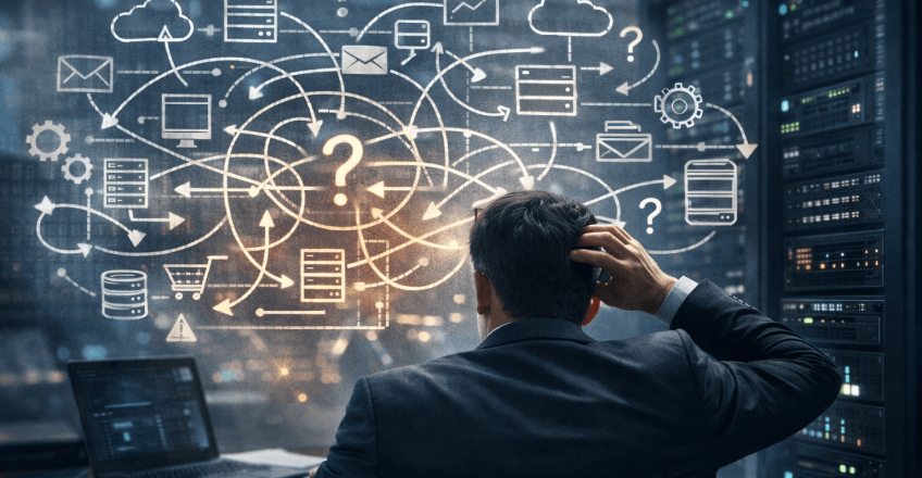 Власник бізнесу дивиться на складну схему роботи сайту та серверної інфраструктури в дата-центрі