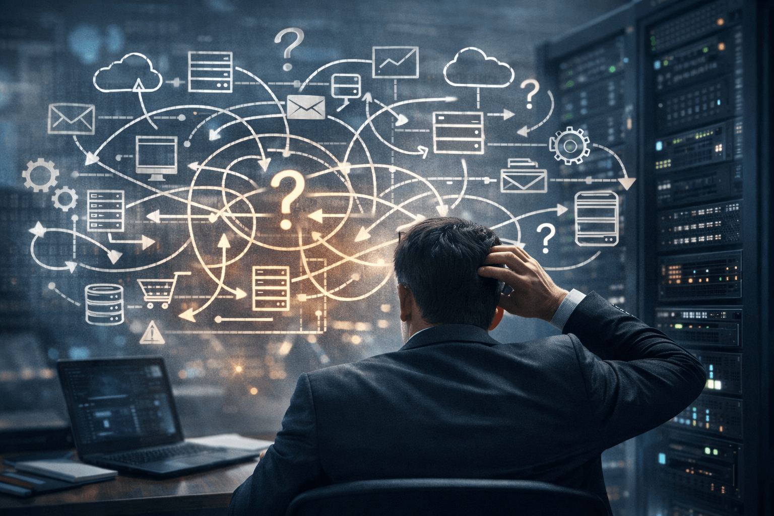 Власник бізнесу дивиться на складну схему роботи сайту та серверної інфраструктури в дата-центрі